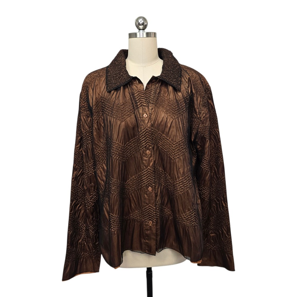 Coldwater Creek Womens XXL Bronze Metallic Smocked Chevron Mesh Blouse V1518